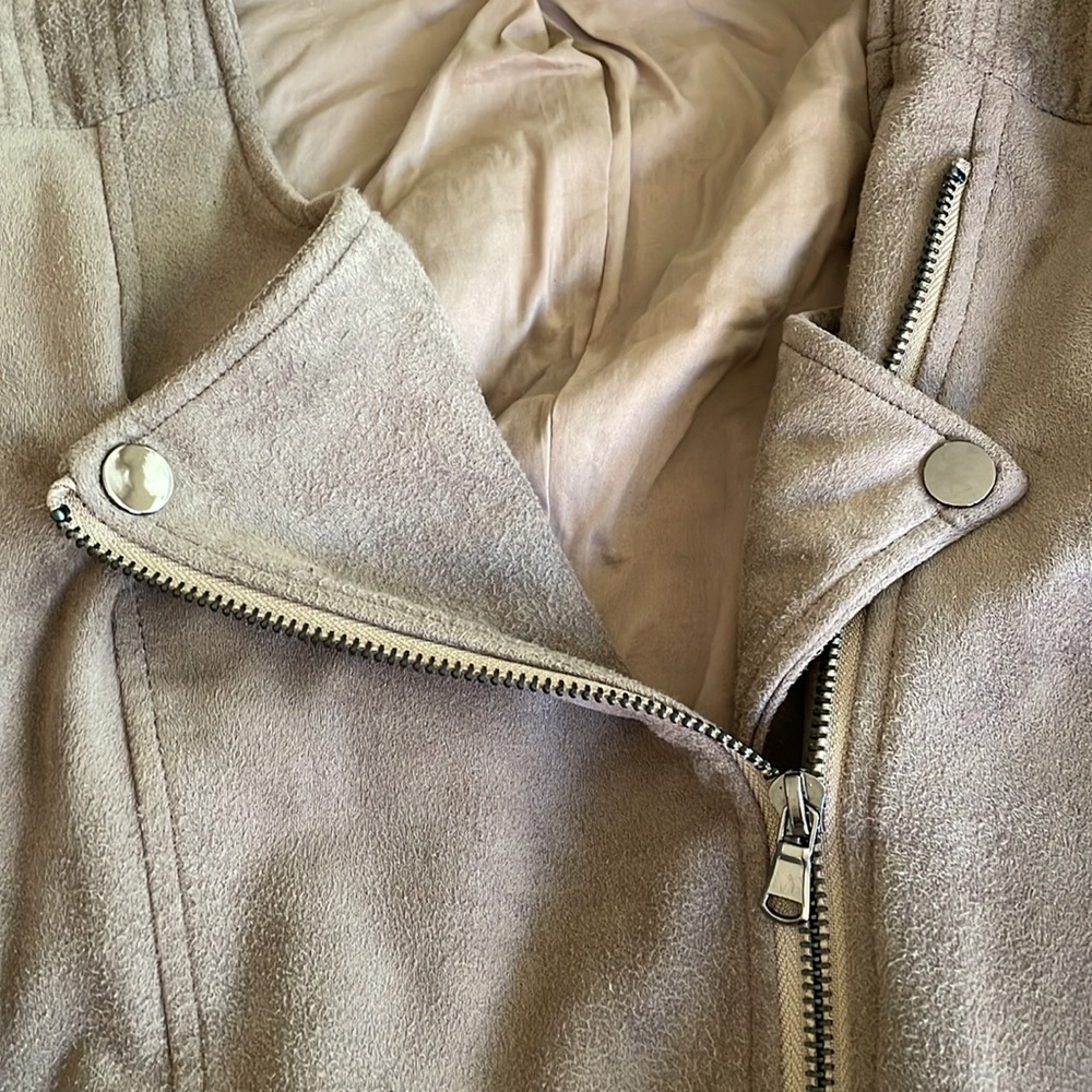Fate Taupe Fringe Faux Suede Moto Jacket Large - Picture 10 of 11